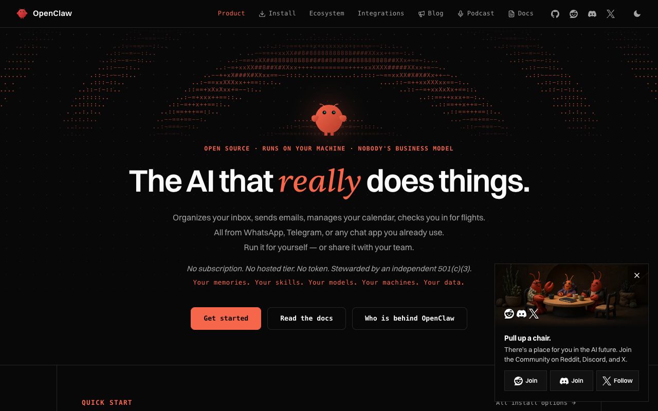 The OpenClaw page on openclaw.ai